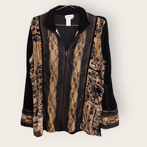 Coldwater Creek Tops - Coldwater‎ Creek Womens Blouse Sz 2X Black Velvet Lace Gold Patchwork Jacket Zip